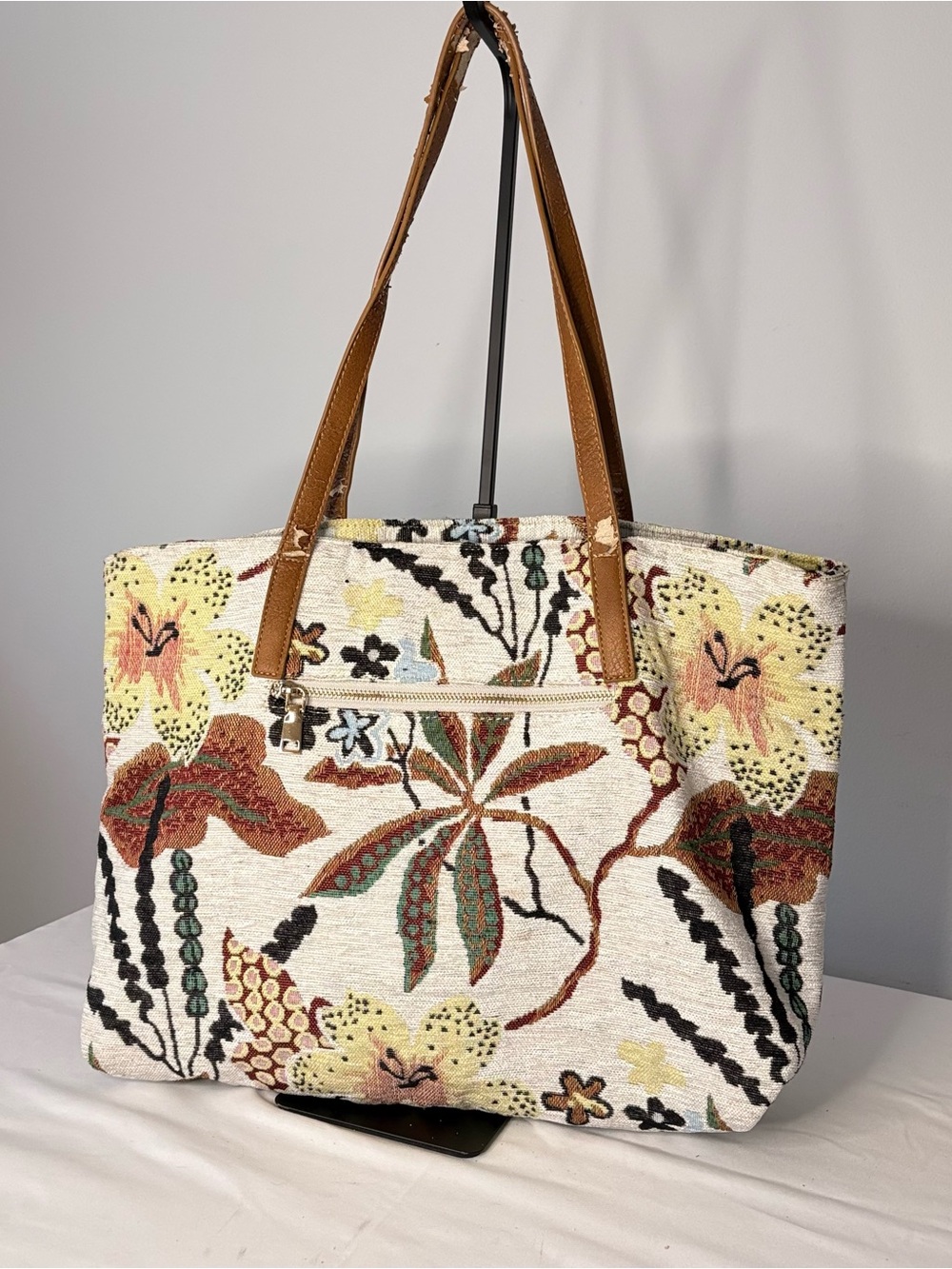 Mystique Tapestry Floral Tote Bag Faux Leather Trim Floral Botanical Boho